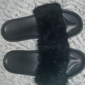 Black Faux Fur UGG Slide Sandals